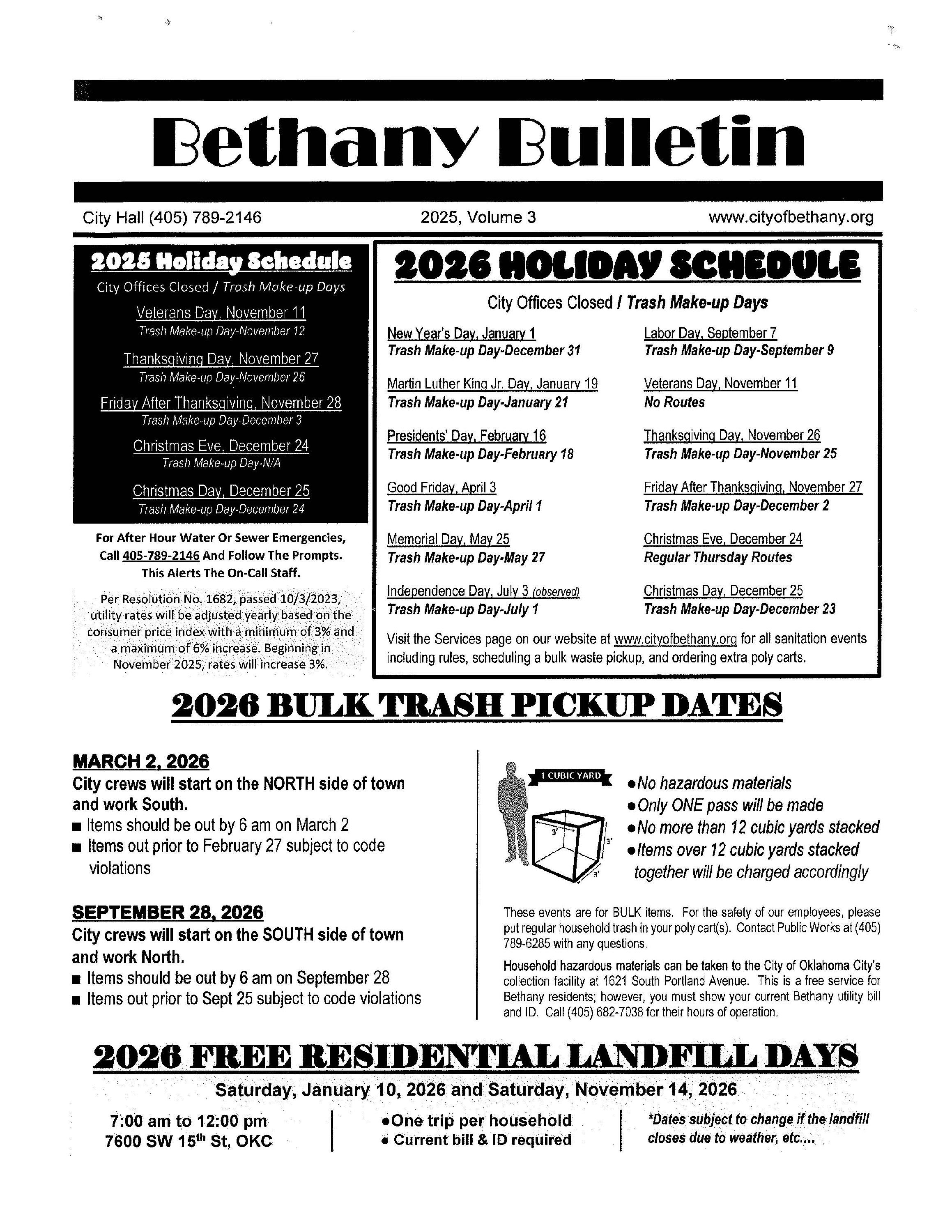 BETHANY BULLETIN 2026 HOILDAY SCHEDULE